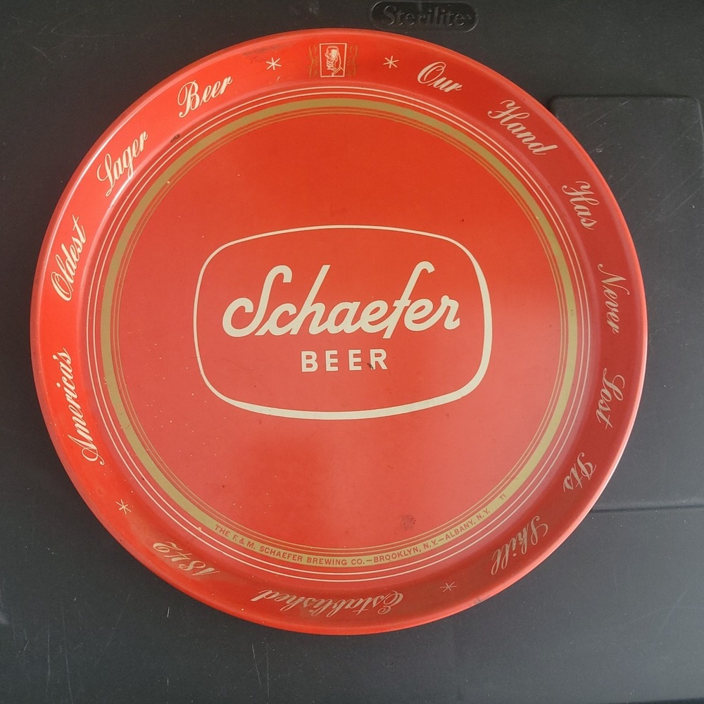 VINTAGE SCHAEFER BEER TRAY 13" RED METAL SERVING TRAY OLDEST LARGER BEER